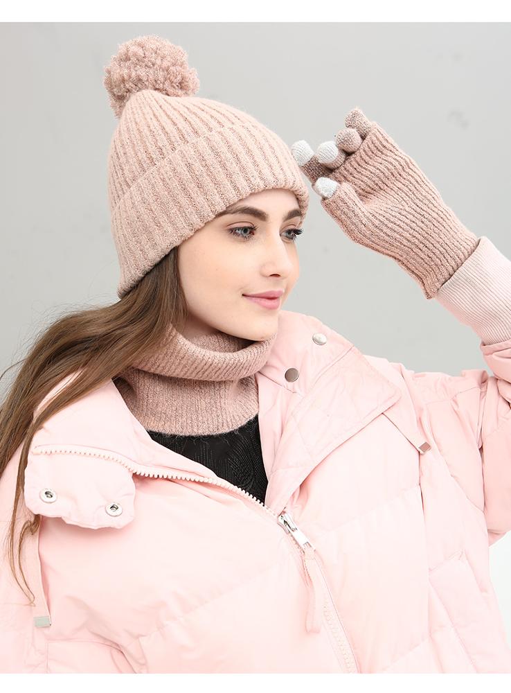 Warm Pom Women Winter Knitted Beanie Hat Scarf Gloves Set
