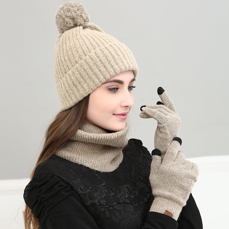 Warm Pom Women Winter Knitted Beanie Hat Scarf Gloves Set