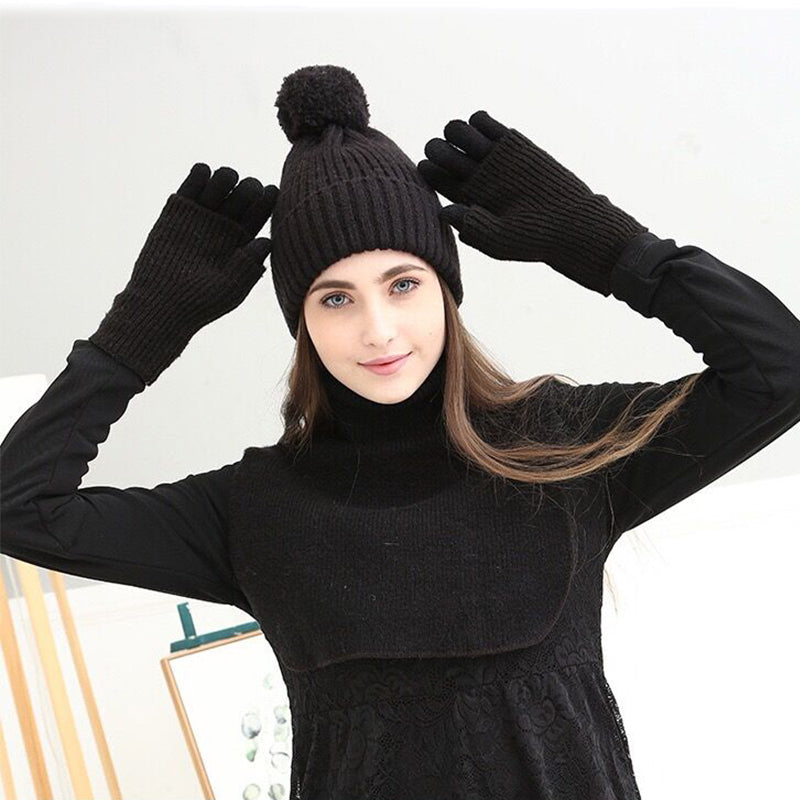 Warm Pom Women Winter Knitted Beanie Hat Scarf Gloves Set
