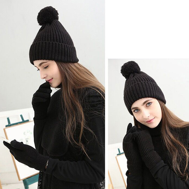 Warm Pom Women Winter Knitted Beanie Hat Scarf Gloves Set