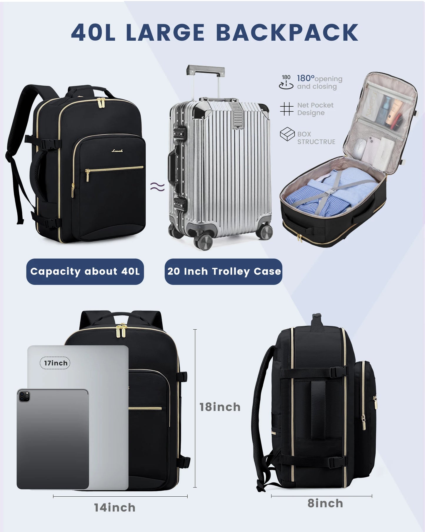 TSA Flight Approved Carry on Backpack Waterproof Luggage With 3 Packing Cubes