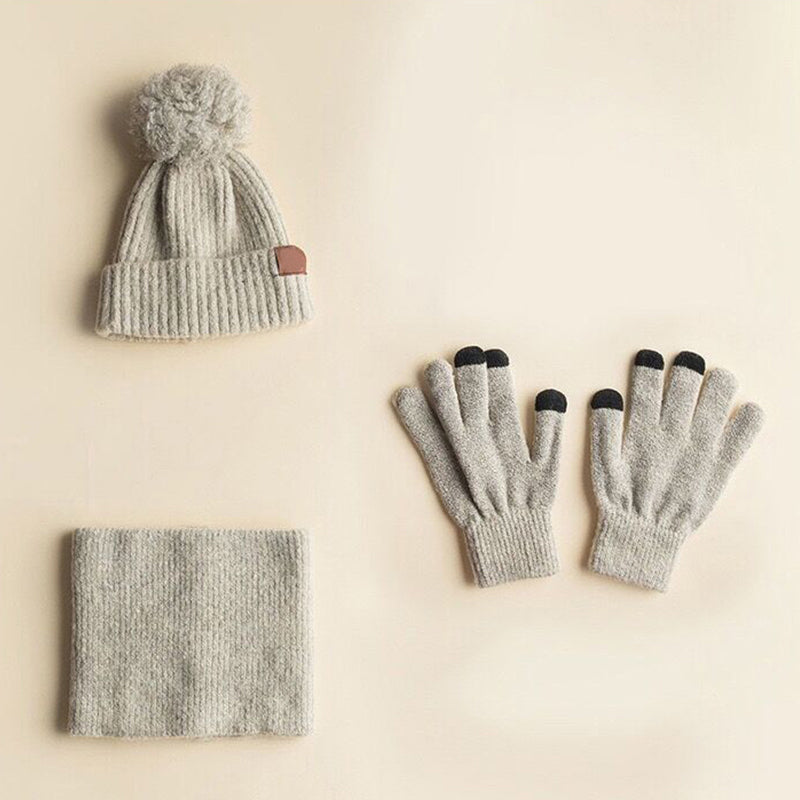 Warm Pom Women Winter Knitted Beanie Hat Scarf Gloves Set