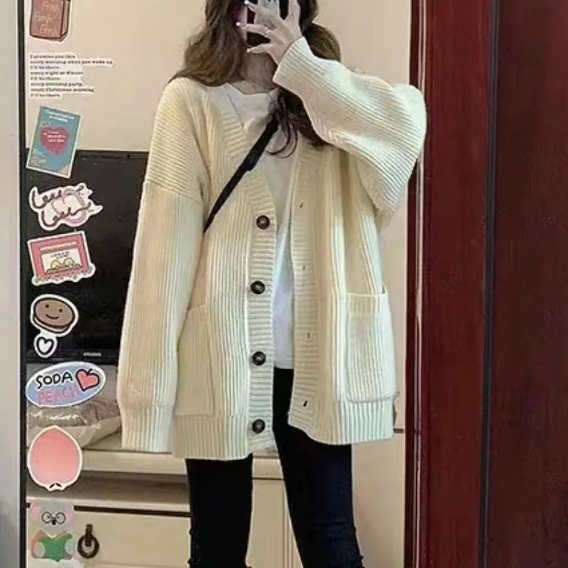 Long Sleeve V-Neck Loose Knitted Jackets Casual Sweater Cardigans