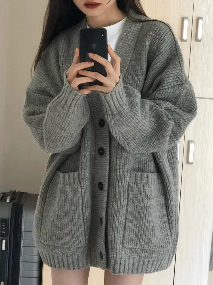 Long Sleeve V-Neck Loose Knitted Jackets Casual Sweater Cardigans