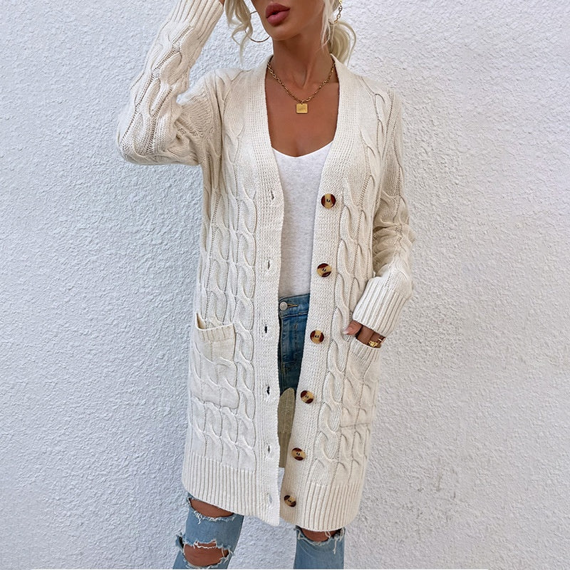 Women Chunky Mid length Cable Knit Cardigan