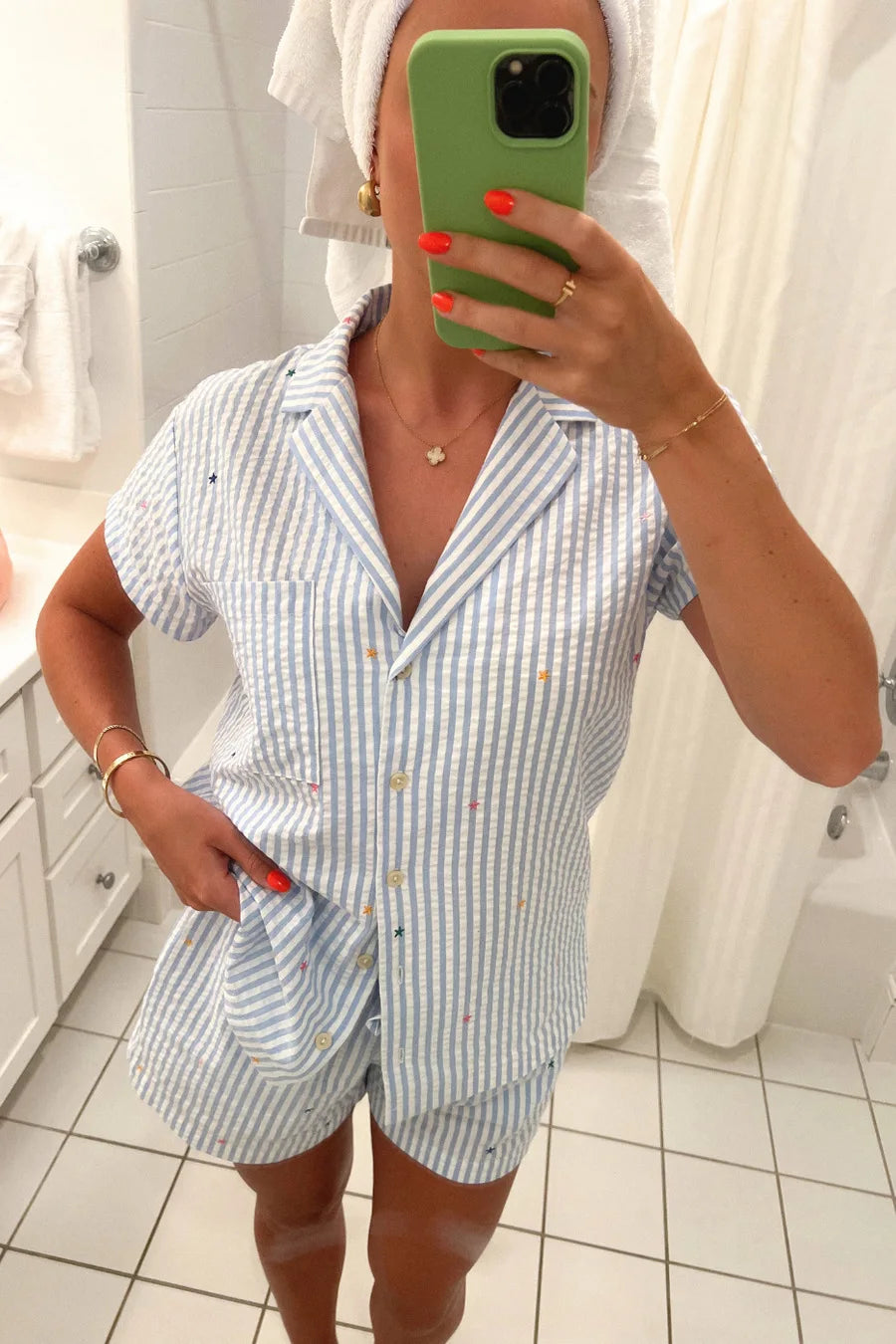 Seersucker Hearts Striped Pajamas Loungewear Women Pajama Set