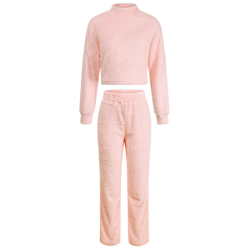 Womens Sleepwear Double Furry Plush Two Piece Loungewear Set