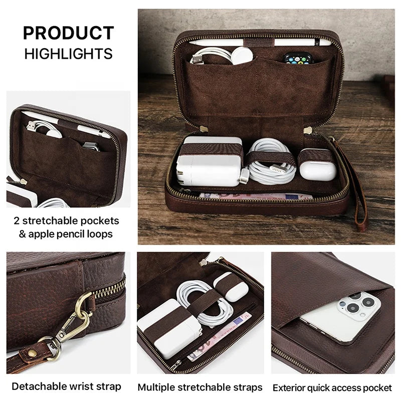 Genuine Leather Travel Case Cable and Charger Travel Organizer