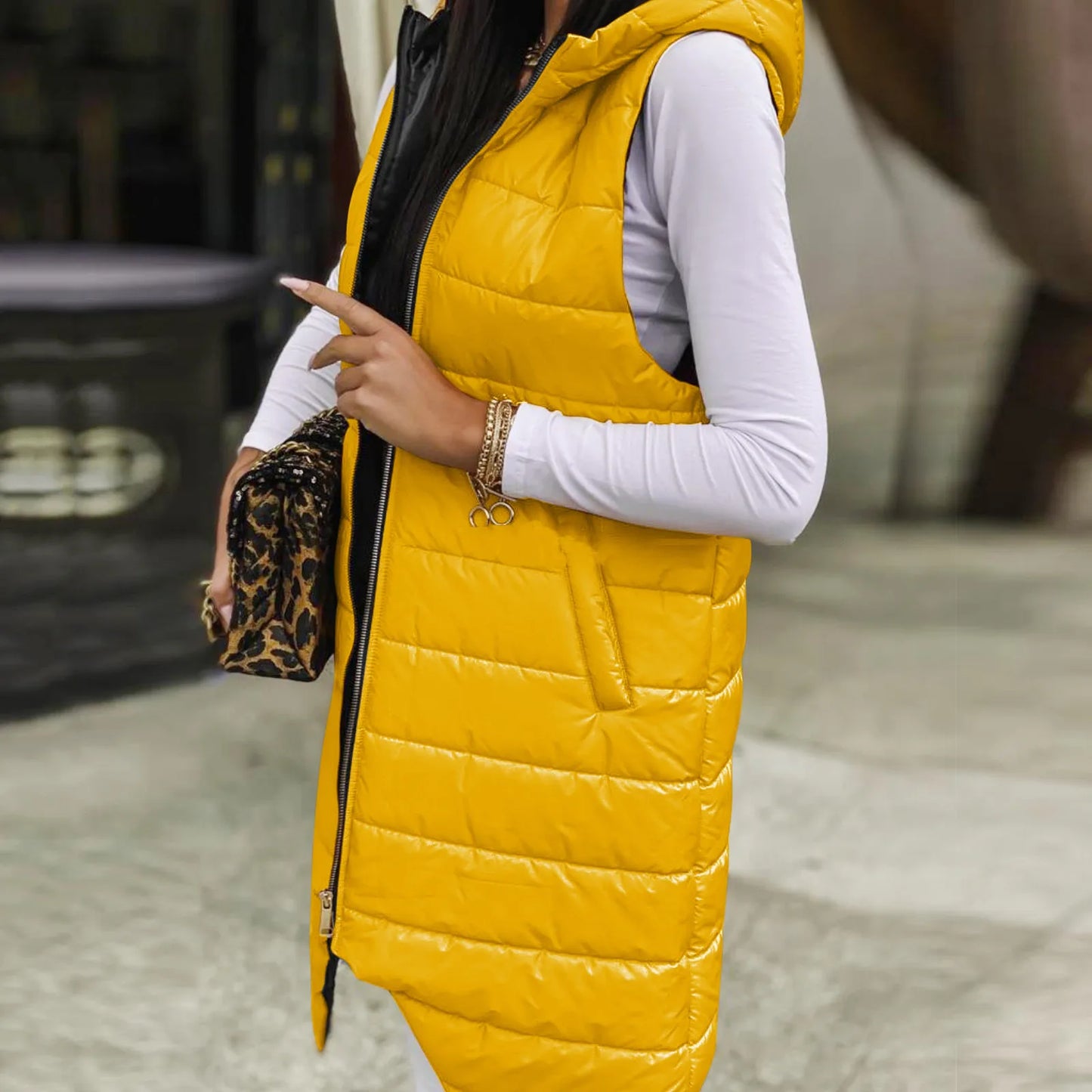 Women Long Hooded Sleeveless Down Vest with Pockets
