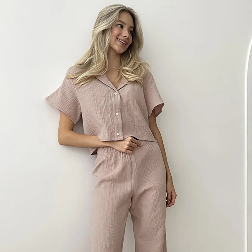 2 Piece Short Sleeves Loungewear Cotton Pajamas Set