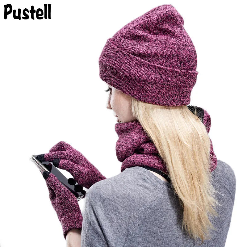 Women Winter 3 Pieces/Set Hat Beanie Scarf Glove