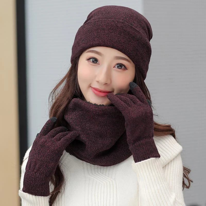 Women Winter 3 Pieces/Set Hat Beanie Scarf Glove