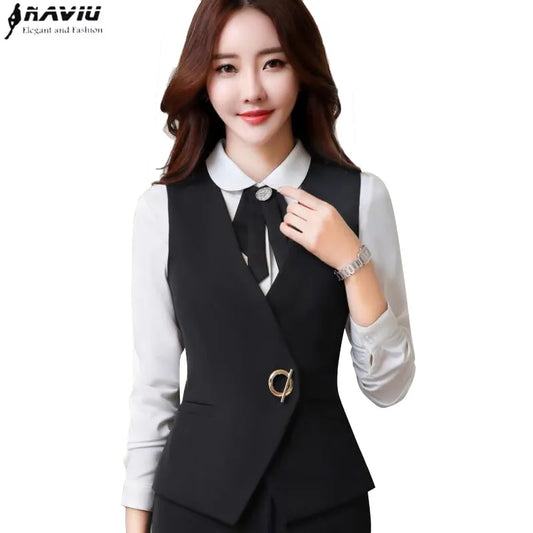 Business Women Vest Work Wear Uniforms Slim v Neck