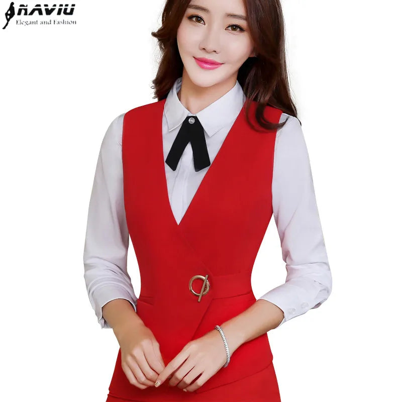 Business Women Vest Work Wear Uniforms Slim v Neck