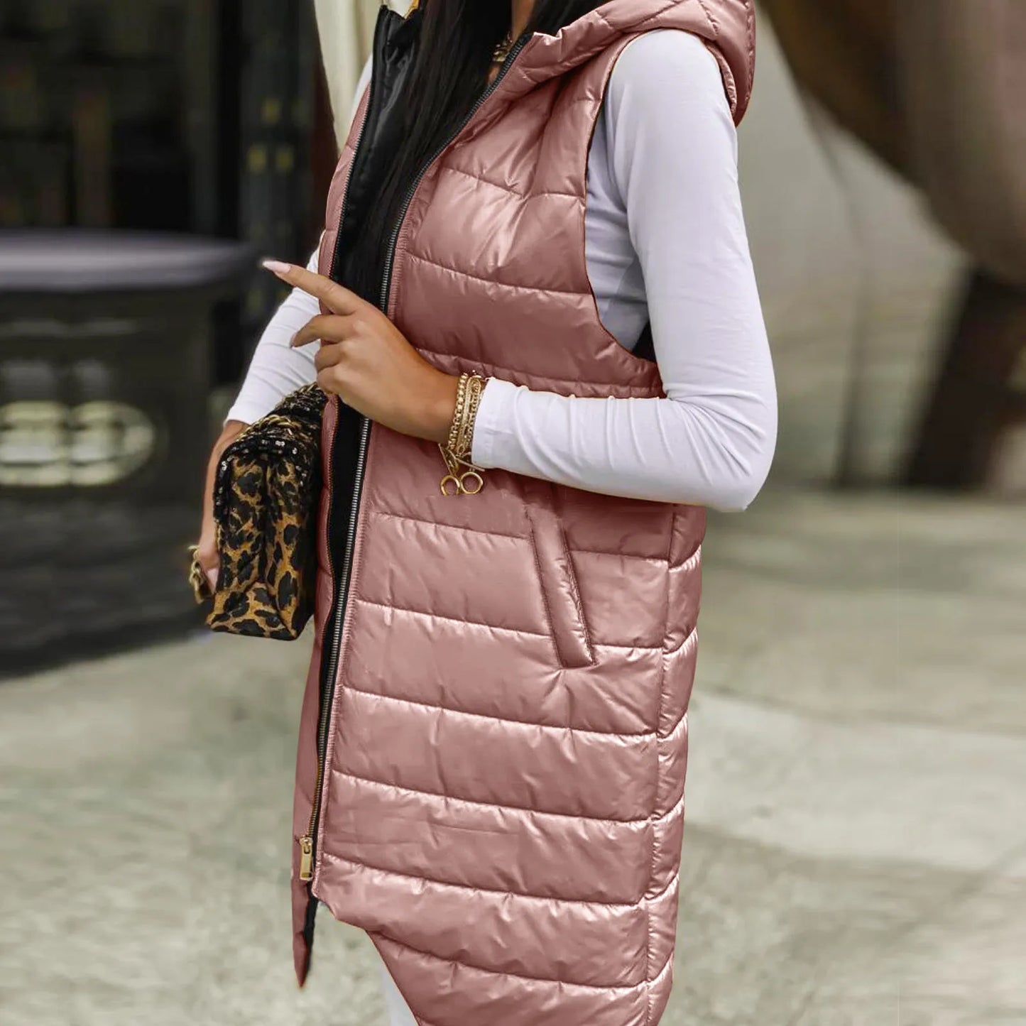 Women Long Hooded Sleeveless Down Vest with Pockets