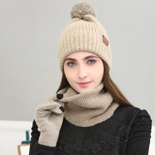 Warm Pom Women Winter Knitted Beanie Hat Scarf Gloves Set