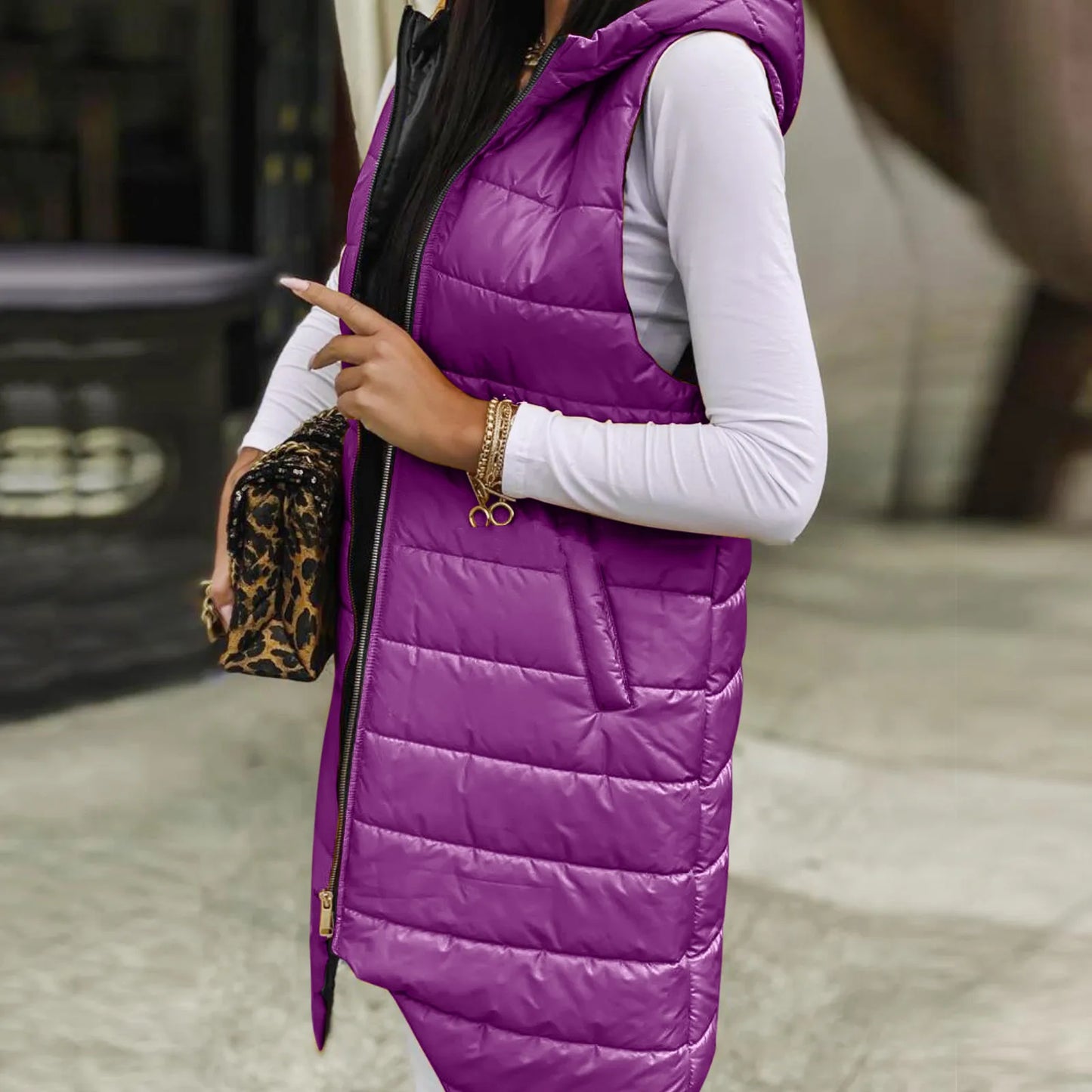 Women Long Hooded Sleeveless Down Vest with Pockets