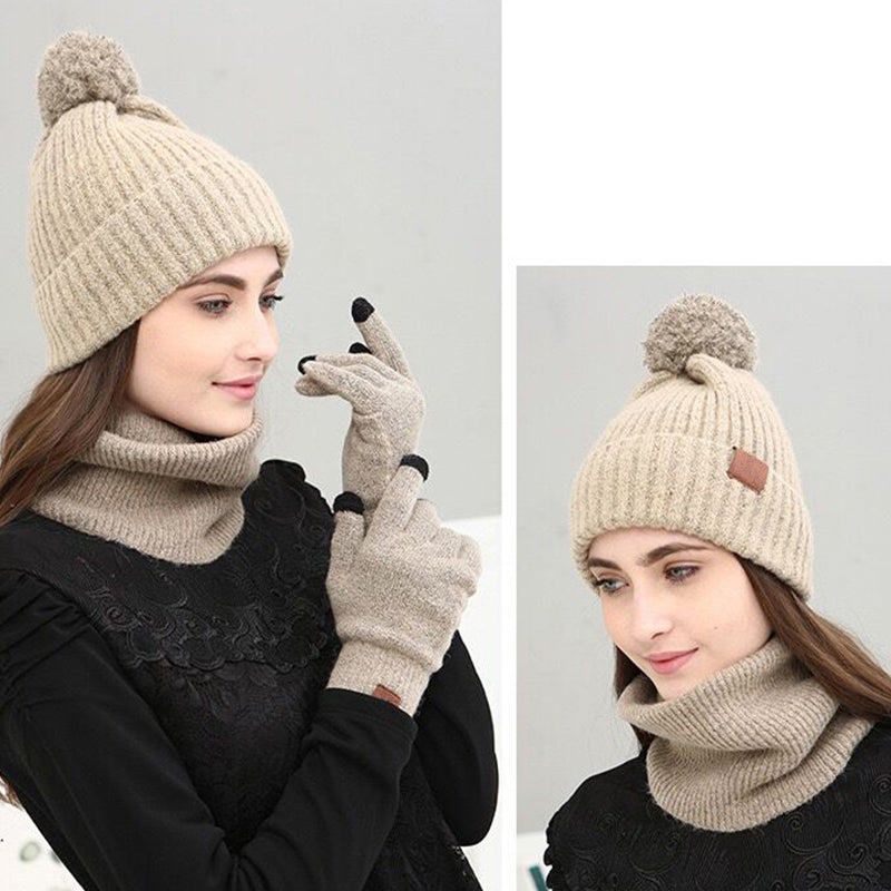 Warm Pom Women Winter Knitted Beanie Hat Scarf Gloves Set