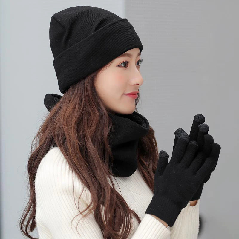Women Winter 3 Pieces/Set Hat Beanie Scarf Glove