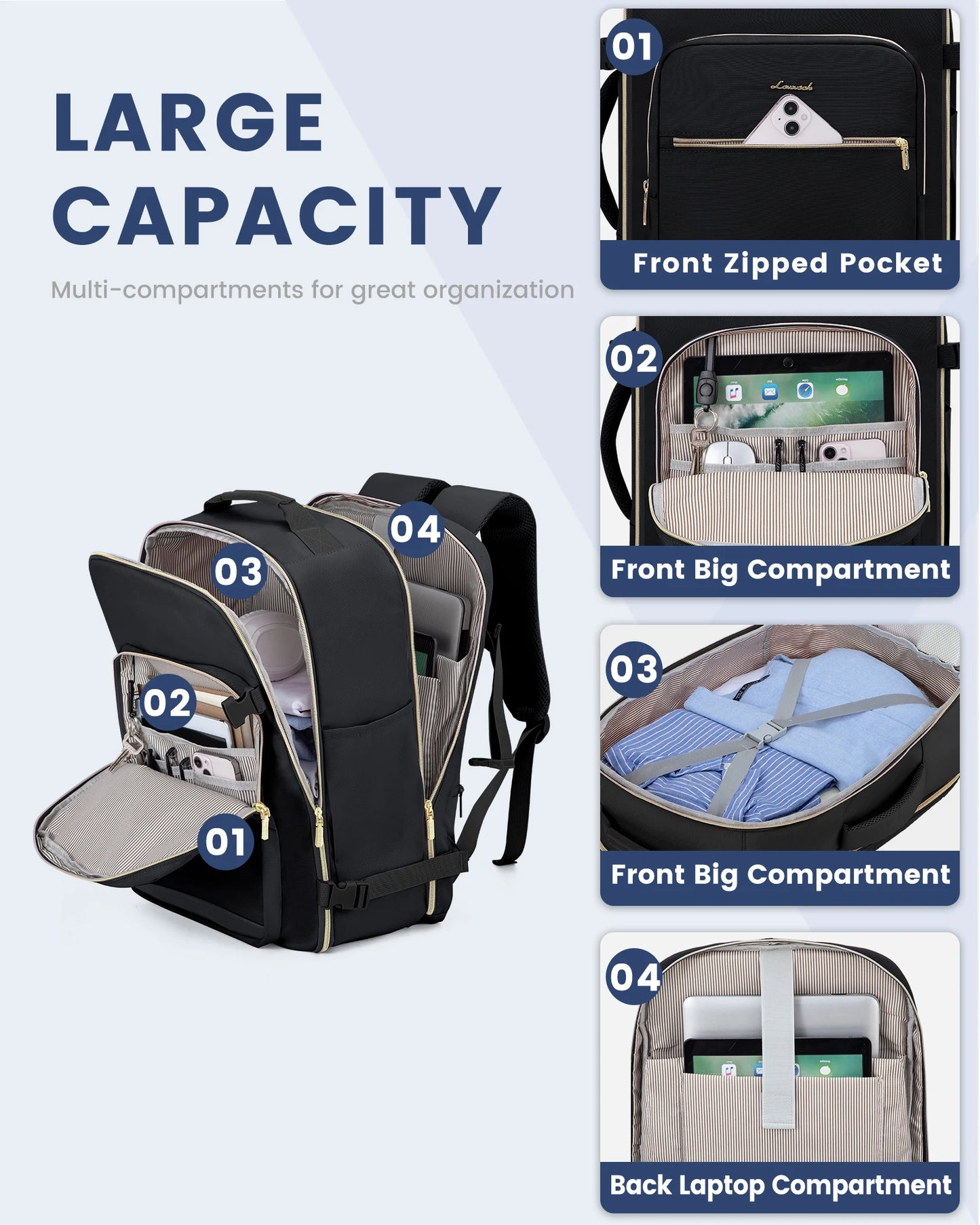 TSA Flight Approved Carry on Backpack Waterproof Luggage With 3 Packing Cubes
