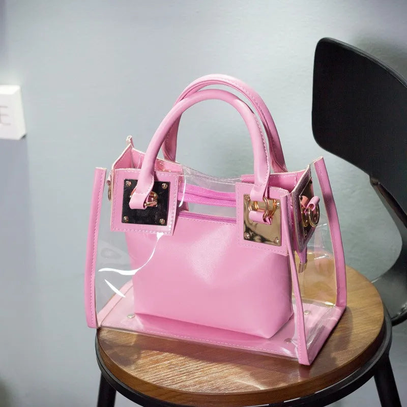 2pcs Women Fashion Shoulder Bag Clear Jelly Clutch Purse Transparent Handbag