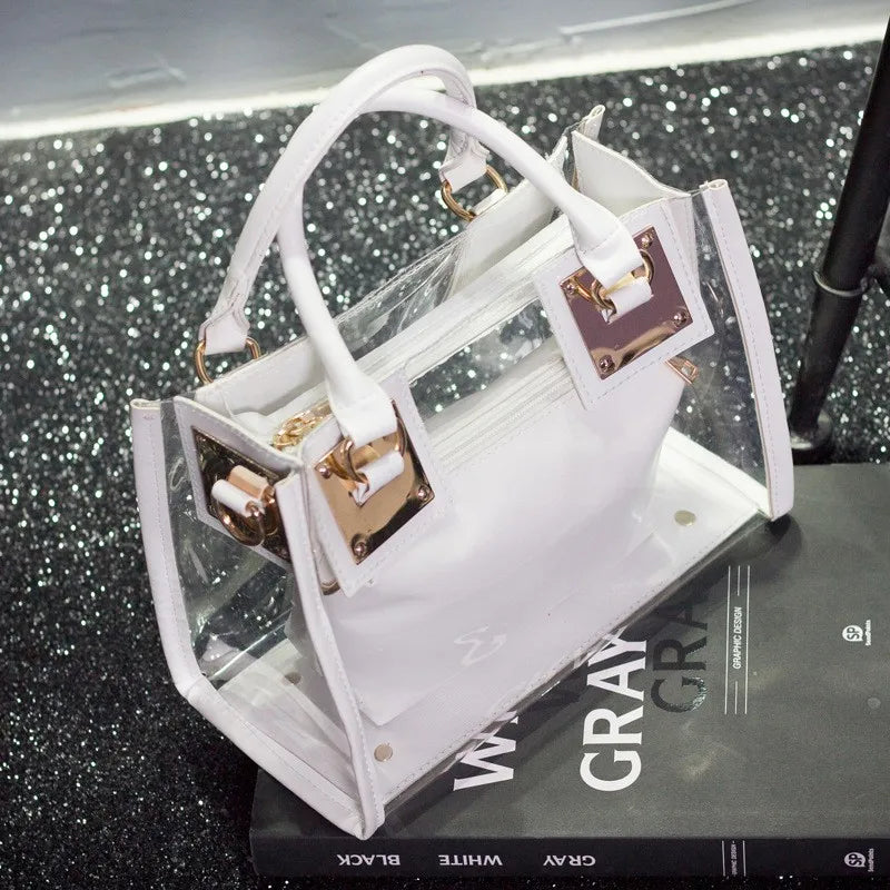 2pcs Women Fashion Shoulder Bag Clear Jelly Clutch Purse Transparent Handbag