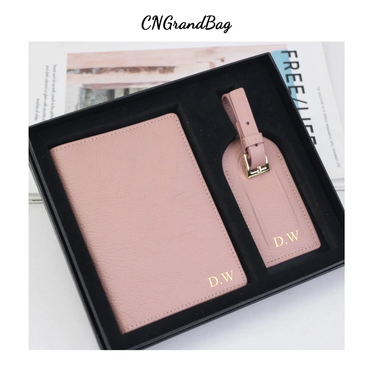 Gift Set Passport Holder Cow Pebble Leather Luggage Tag Passport Cover