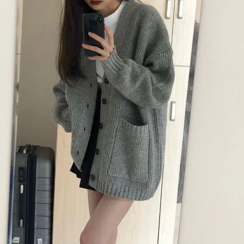 Long Sleeve V-Neck Loose Knitted Jackets Casual Sweater Cardigans