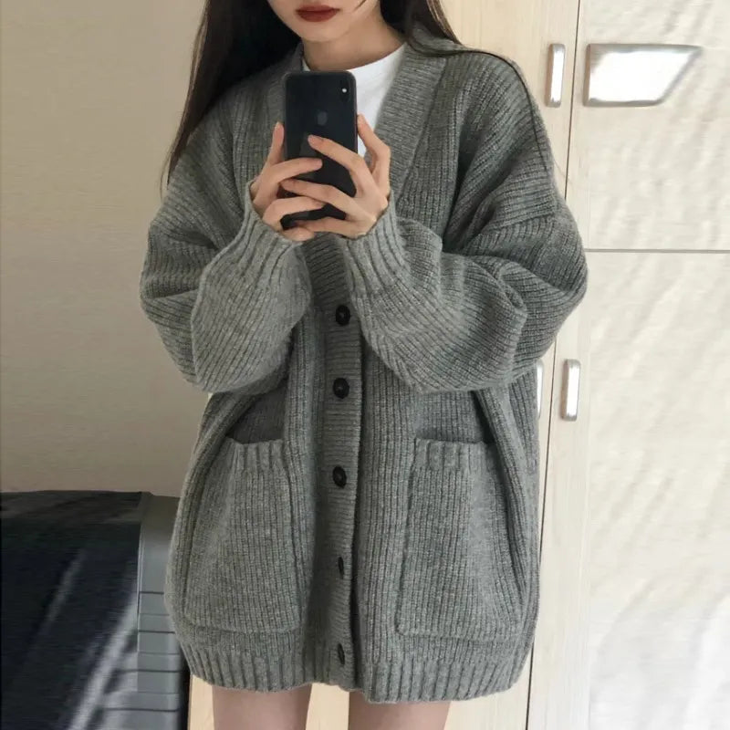 Long Sleeve V-Neck Loose Knitted Jackets Casual Sweater Cardigans