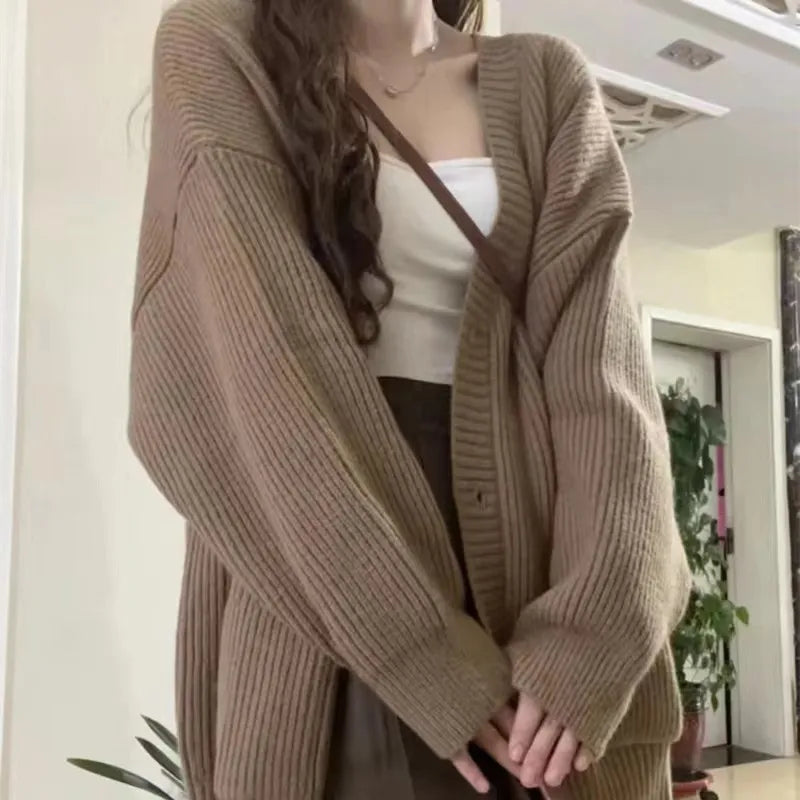 Long Sleeve V-Neck Loose Knitted Jackets Casual Sweater Cardigans