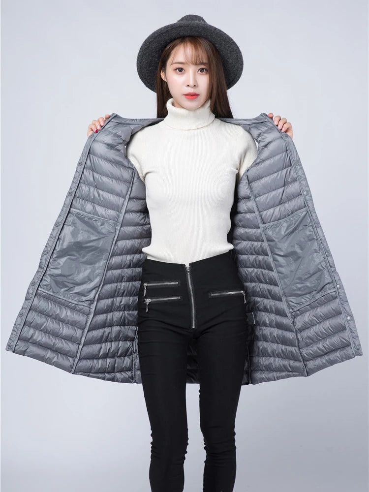 Women Ultra Light Windproof Sleeveless Long Puffer Outerwear Jackets