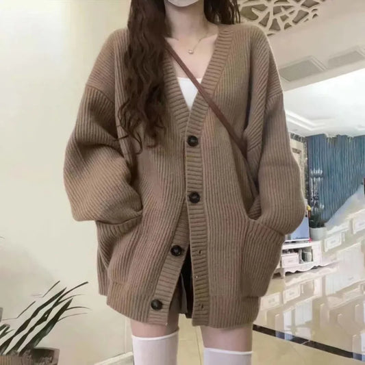 Long Sleeve V-Neck Loose Knitted Jackets Casual Sweater Cardigans