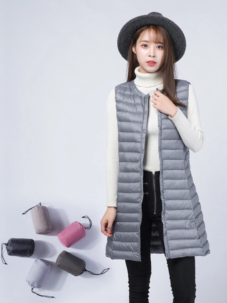 Women Ultra Light Windproof Sleeveless Long Puffer Outerwear Jackets