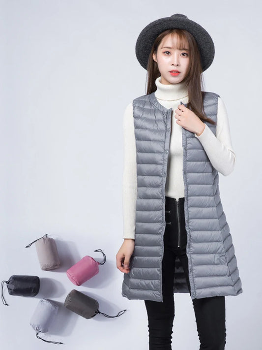 Women Ultra Light Windproof Sleeveless Long Puffer Outerwear Jackets