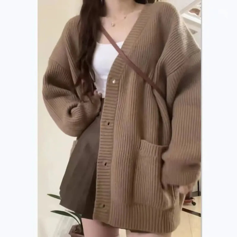 Long Sleeve V-Neck Loose Knitted Jackets Casual Sweater Cardigans