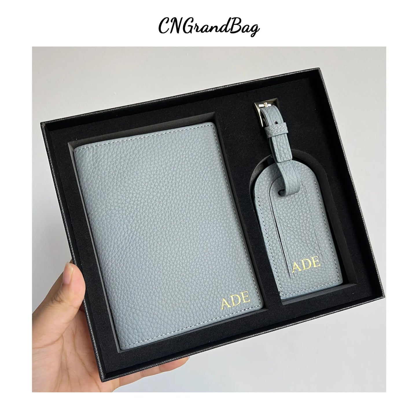 Gift Set Passport Holder Cow Pebble Leather Luggage Tag Passport Cover