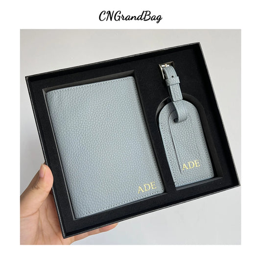 Gift Set Passport Holder Cow Pebble Leather Luggage Tag Passport Cover