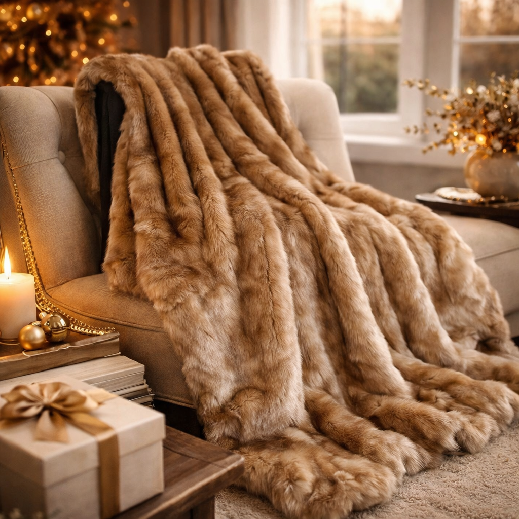 Plutus Brown Gold Rabbit Faux Fur Luxury Throw Blanket